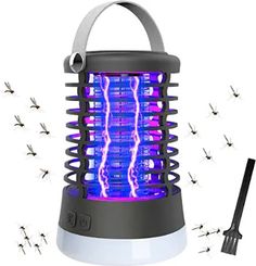 an electric mosquito killer with lightning in the background