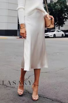 Lasaky - Stylish and Sophisticated Belted Midi Skirt White Slip Skirt Outfit, White Slip Skirt, Slip Skirt Outfit, Slip Midi Skirt, Belted Midi Skirt, Midi Skirt With Pockets, Printed Pleated Skirt, Knee Length Skirt Pencil, Silk Outfit