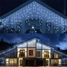 two pictures of a house with christmas lights on the roof and in front of it