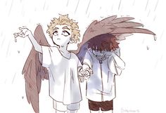 two people with wings standing in the rain