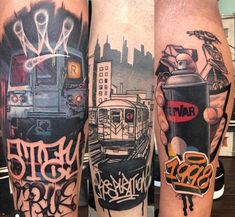 two different tattoos on the legs of people with graffiti and an image of a train