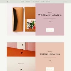 the website design for wildflower collection is displayed in pink and orange tones, including an envelope