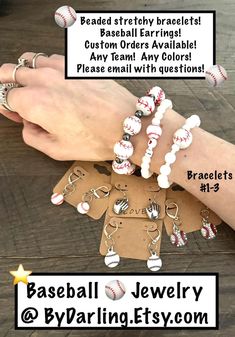 baseball jewelry bracelets and earring sets are on display with instructions for how to make them