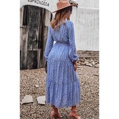 Blue Floral Print Tie Waist Split Maxi Dress Blue Maxi Dress For Fall Vacation, Blue Long Sleeve Maxi Dress For Brunch, Blue Long Sleeve Midi Dress For Vacation, Light Blue Long Sleeve Maxi Dress For Day Out, Viscose Dress, Necklines For Dresses, Costume Outfits, Printed Maxi, Navy And Green