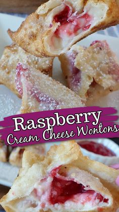 raspberry cream cheese wontons stacked on top of each other with text overlay