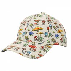 a white baseball cap with mushroom print on the front and side, all over it