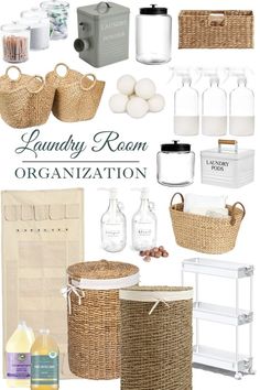 the laundry room organization is organized with baskets, bottles and other things to use for cleaning