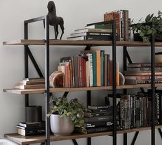 a bookshelf filled with lots of books next to a wall mounted planter