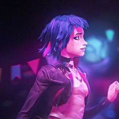 an animated woman standing in front of a neon background