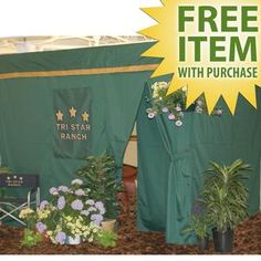 there is a green tent with flowers and potted plants next to it that says free item with purchase