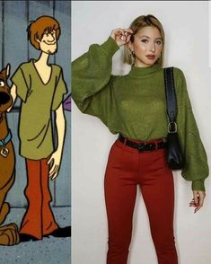 woman in green sweater and red pants next to cartoon character