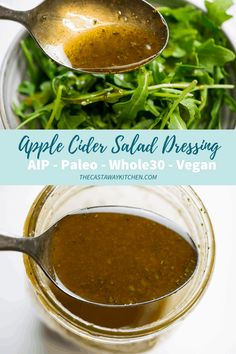 an apple cider salad dressing recipe in a glass bowl with a spoon on the side