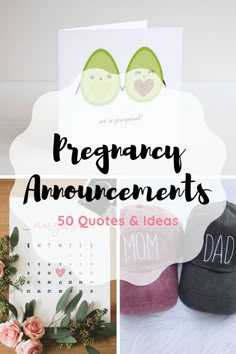 a collage of images with the words pregnancy announcements and pictures on them, including hats