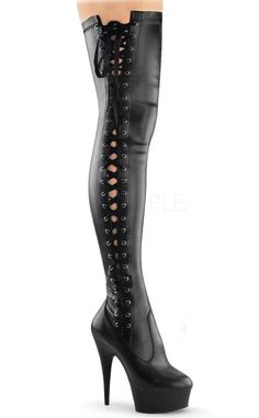 DELIGHT-3050 Black / Black Matte Thigh High Boots-Pleaser-Tragic Beautiful Edgy Fitted Boots For Cosplay, Gothic Thigh-high Leather Platform Boots, Thigh High Leather Boots For Club, Gothic Fitted Boots With Pointed Toe, Gothic Fitted Knee-high Party Boots, Gothic Fitted Knee-high Boots For Parties, Fitted Gothic Boots With Pointed Toe, Fitted Gothic Knee-high Boots For Party, Gothic Leather Boots For Club