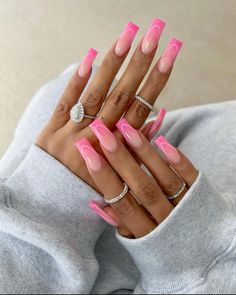 Pink French Nails, May Nails, Airbrush Nails, Pink Acrylic Nails, Fire Nails, French Tip Nails, Best Acrylic Nails, Long Acrylic Nails