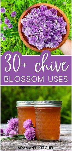 two jars filled with purple flowers and the words 30 + chive blossom uses on them