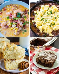 four different pictures of food including bread, soup and cake on the same plate with utensils