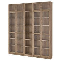 an open bookcase with wooden shelves and glass doors