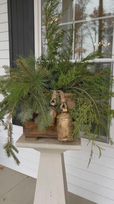 a potted plant sitting on top of a white pedestal next to a window sill