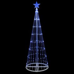 a lighted christmas tree with blue lights on it's sides and a star hanging from the top