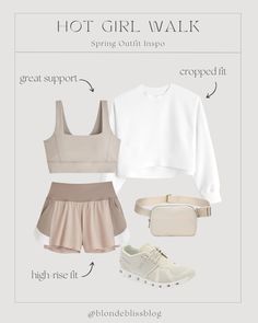 Feminine Workout Outfit, Chic Workout Outfit, Neutral Workout Outfits, Fancy Athleisure, White Workout Outfit, Neutral Outfit Spring, Athleisure Fits, Cropped Sweatshirt Outfit, Cropped Shirt Outfit