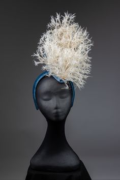 Make a statement with this unique and striking pale blue straw boat shaped fascinator filled with hand tied ivory biot feathers. The back is further enhanced with sinamay navy butterflies. This fascinator is perfect for adding a touch of edge to any outfit for weddings or a day at the races. Handmade, every attention to detail paid. lightweight and comfortable for all day wear.  Will be delivered in recycled packaging.  If you would like to receive your hat in a black and white stripped hat box, Royal Ascot Ostrich Feather Fascinator, Blue Feather Trim Headpiece For Wedding, Royal Ascot Evening Ostrich Feather Fascinator, Royal Ascot Evening Fascinator With Ostrich Feathers, Blue Wedding Headpiece With Feather Trim, Elegant Blue Headpiece With Feather Trim, Fitted Blue Headpieces With Feathers, Blue Feather Trim Headpiece For Kentucky Derby, Formal Ostrich Feather Headpiece For Royal Ascot