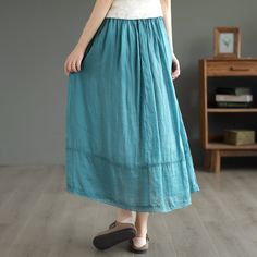 Details: Gender: Women Item Type: Skirt Material: Linen Season: Summer Pattern: Solid Style: Casual, Loose, Retro Waist Type: Elastic Waist Size: One Size Waist: 64.00 - 104.00 cm/ 25.20 - 40.94 " Length: 84.00 cm/ 33.07 " Hip: 126.00 cm/ 49.61 " Hem: 168.00 cm/ 66.14 " Casual Blue Gathered Skirt, Casual Blue Skirt With Gathered Detail, Blue Skirted Bottoms Solid Color, Blue Skirted Bottoms With Solid Color, Casual Blue Full Maxi Skirt, Blue Full Skirt Solid Color, Blue Full Skirt With Solid Color, Blue Full Skirt, Summer Retro