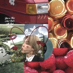 a collage of photos with fruit, flowers and a man's face in the middle