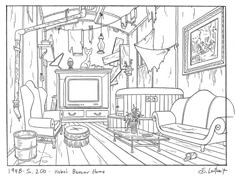 a black and white drawing of a living room