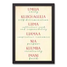 a framed poster with the words in different languages