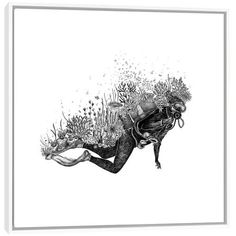 a black and white drawing of a person diving in the ocean with plants on their back