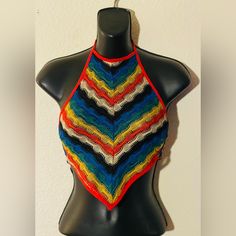 New Never Worn No Tags Size Medium Backless Back Tie Crop Top Multicolor Stretch Triangle Top, Casual Multicolor Stretch Halter Top, Casual Multicolor Halter Top For Festival, Casual Multicolor Triangle Halter Top, Multicolor Halter Neck Top For Festivals, Multicolor Summer Halter Top For Festival, Multicolor Festival Halter Top For Summer, Multicolor Stretch Crochet Top For Summer, Summer Multicolor Stretch Crochet Top