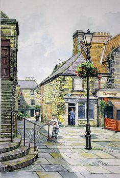 a painting of a man riding a scooter down a cobblestone street