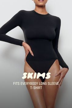 This super soft and buttery long sleeve tee molds to your body, making it perfect for everyday wear. Lightweight and breathable, this long sleeve tee is an ideal piece for added coverage without being constrictive or overly warm. | SKIMS Long Sleeve T-Shirt | Black | 2XL | Fits Everybody Black Xs, Comfy Tees, Black Media, Xl Dress, Long Sleeve Tee, Breathable Fabric, Long Sleeve T Shirt, Long Sleeve Tshirt, Everyday Wear