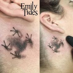 two pictures of people with tattoos on their neck and behind the ear, one has an upside down design