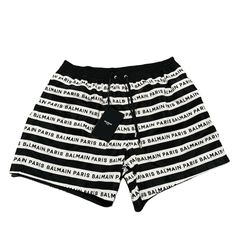 Balmain Made In Italy Medium Black And White Iconic Striped Logo This Is A Classic Design That Is Remade Every Single Season Brand New With Tags!!! White Logo Print Bottoms For Summer, Designer Black Bottoms For Spring, White Swim Shorts, Balmain Shirt, Balmain Bag, Red Swim Trunks, Single Season, Balmain Jeans, Gold Trend