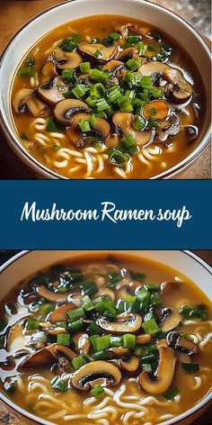 mushroom ramen soup in a white bowl with green onions and mushrooms on top, and an image of broccoli