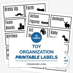 printable toy playroom organizing labels with pictures for non-readers for an organized home Storage Bin Labels, Life Organization Binder, Toy Storage Bin, Toy Room Organization, Garage Organizing, Bathroom Organizing, Toy Labels, Labels Clothing, Printable Toys