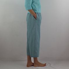 "Women linen pants with 2 pockets in grayish blue color, perfect for casual wear and suitable for any occasion in any season Details: - 100% natural linen produced in Europe ; - medium weight (180 gram per square meter); - color: grayish blue, can be any from our colors catalogue (color samples at the photo); Made to order, approximately a few days, If you have any questions please message me and I will be glad to answer. Size guide : Size XS Bust: fits bust around 33\"-34\"/ 84-88 cm Waist: fit Blue Linen Wide-leg Pants, Blue Linen Pants For Loungewear, Blue Linen Loungewear Pants, Blue Linen Lounge Pants, Summer Blue Linen Pants, Casual Turquoise Wide Leg Bottoms, Turquoise Bottoms With Pockets For Summer, Turquoise Summer Bottoms With Pockets, Blue Linen Relaxed Fit Pants