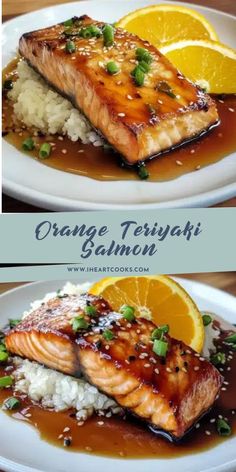 orange teriyaki salmon with rice and garnish served on a white plate