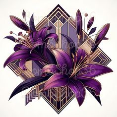 purple flowers are in the center of an art deco design