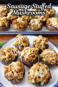 sausage stuffed mushrooms on a plate with parsley