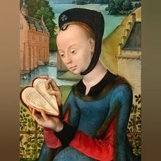 a painting of a woman holding an open book in her right hand and looking at it