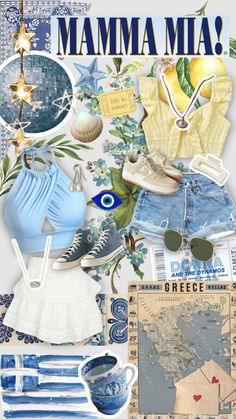 a collage of blue and white items with the words mamma mia