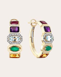 Crafted from solid 14-karat gold, these hoop earrings are decorated with a rainbow-hued array of chakra gemstones that are believed to harmonize energy centers and promote overall well-being. Round-cut diamond accents create ambient shimmer. From Melis Goral's Focus Collection, inspired by the beauty found in everyday life. Omega clip closure 14k yellow gold, tiger's eye, aquamarine, citrine, amethyst, emerald, ruby and diamond Carat: 0.24 ctw diamond, 5.4 ctw gemstone Diamond color: G Diamond c Chakra Gemstones, Energy Centers, Rose Gold Diamond Ring, Solid Gold Earrings, Diamond Carat, Tiger's Eye, Jewellery Design, Diamond Color, Rose Gold Engagement Ring