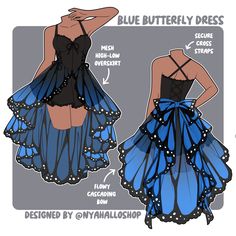 a blue butterfly dress is shown with instructions to make it look like a woman's body