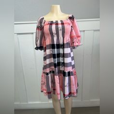 New Pink Plaid Puff Dress Trendy Puff Sleeve Dress For Day Out, Spring Sundress With Puff Sleeves, Trendy Puff Sleeve Dress With Ruffles, Trendy Puff Sleeve Brunch Dresses, Trendy Knee-length Ruffled Dress, Multicolor Knee-length Puff Sleeve Dress For Spring, Trendy Puff Sleeve Midi Dress, Chic Multicolor Puff Sleeve Dress For Spring, Casual Multicolor Puff Sleeve Dresses