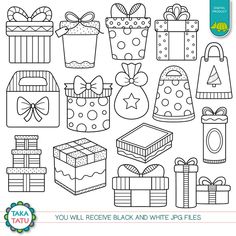 a black and white christmas coloring page for kids with presents, gift boxes and gifts