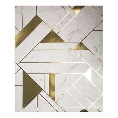 a white marble wall with gold geometric shapes