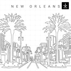 the new orleans skyline in black and white, with palm trees on either side of the street